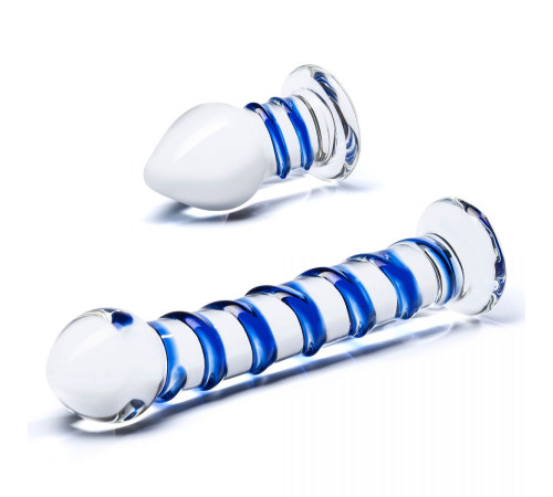 Набор из 2 стеклянных игрушек с синей спиралью Swirly Dildo Buttplug Set Набор из 2 стеклянных игрушек с синей спиралью Swirly Dildo Buttplug Set