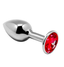 Серебристая анальная втулка Mini Metal Butt Plug Size M с красным кристаллом