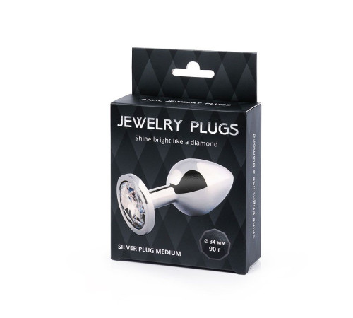 Анальная пробка SILVER PLUG MEDIUM с прозрачным кристаллом - 8,2 см.