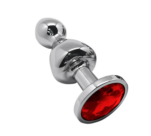 Серебристая анальная втулка Wooomy Lollypop M с красным кристаллом - 9,4 см.