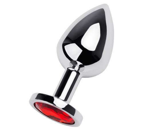 Серебристая коническая анальная пробка с красным кристаллом - 8 см.