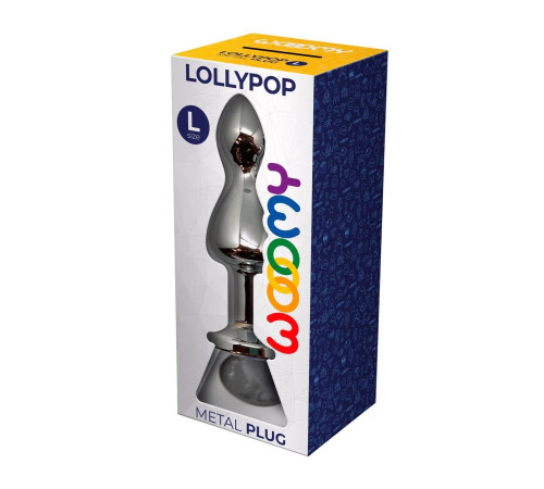 Серебристая анальная втулка Wooomy Lollypop L с прозрачным кристаллом - 10,5 см.