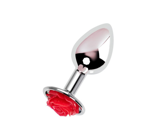 Серебристая анальная втулка с красной розочкой - 8 см.