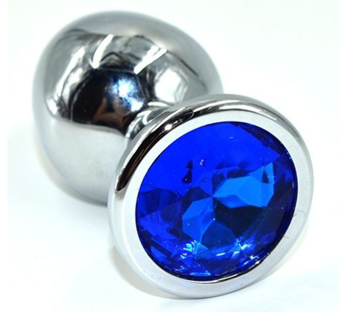 Серебристая анальная пробка из нержавеющей стали с синим кристаллом - 8,5 см.