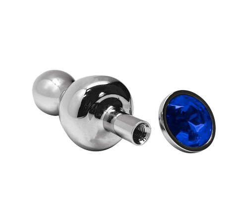 Серебристая анальная втулка Wooomy Lollypop M с синим кристаллом - 9,4 см.