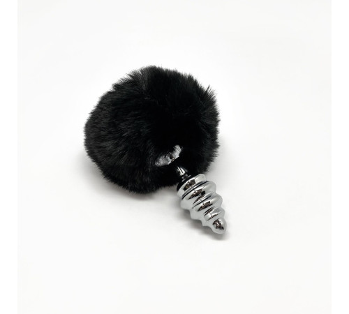 Серебристая анальная пробка с черным хвостиком Metal Anal Fluffly Twist Plug S