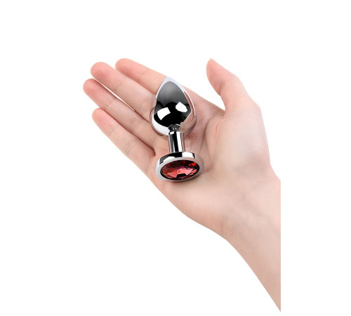 Серебристая коническая анальная пробка с красным кристаллом - 8 см.