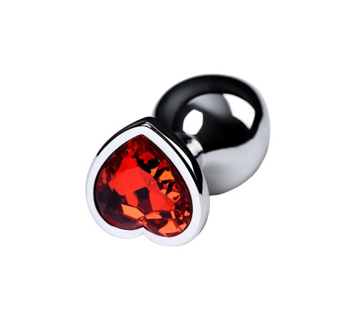 Серебристая коническая анальная пробка с красным кристаллом-сердечком - 7 см.