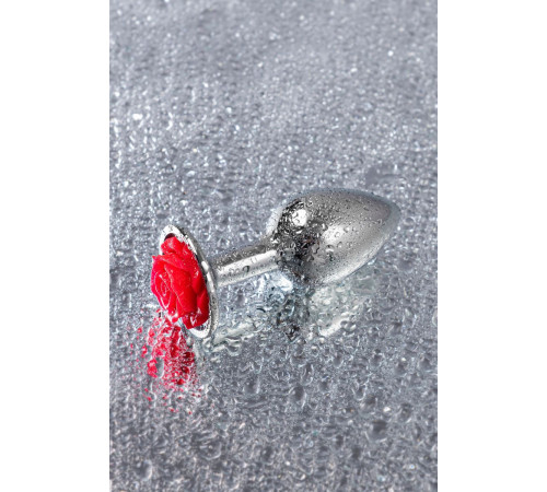 Серебристая анальная втулка с красной розочкой - 8 см.