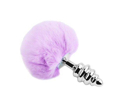 Серебристая анальная пробка с сиреневым мехом Metal Anal Fluffly Twist Plug L