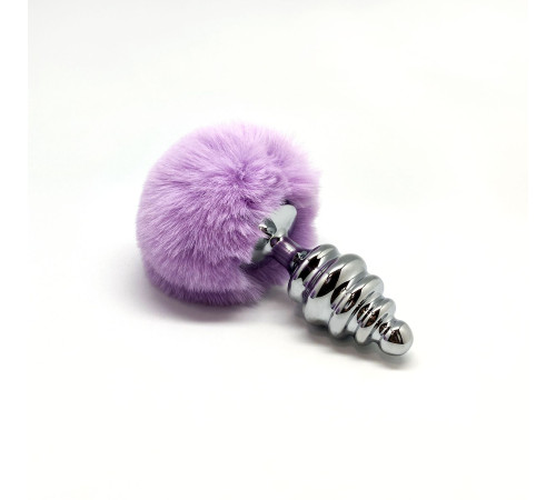 Серебристая анальная пробка с сиреневым мехом Metal Anal Fluffly Twist Plug L