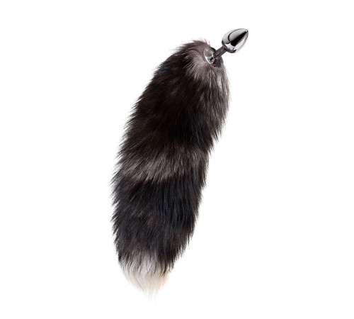 Серебристая металлическая анальная втулка с хвостом чернобурой лисы - размер S
