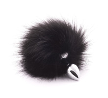 Серебристая анальная пробка с черным хвостиком из искусственного меха