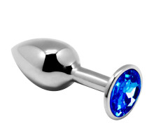Серебристая анальная втулка с синим кристаллом Mini Metal Butt L - 9 см.