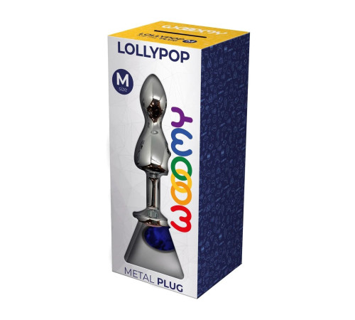 Серебристая анальная втулка Wooomy Lollypop M с синим кристаллом - 9,4 см.