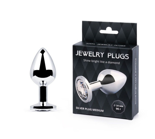 Анальная пробка SILVER PLUG MEDIUM с прозрачным кристаллом - 8,2 см.