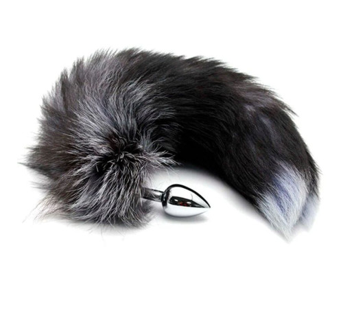 Серебристая анальная пробка с темным лисьим хвостом Black White Fox Tail Size S Серебристая анальная пробка с темным лисьим хвостом Black White Fox Tail Size S