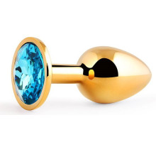 Золотистая анальная пробка с голубым стразом - 7,2 см.