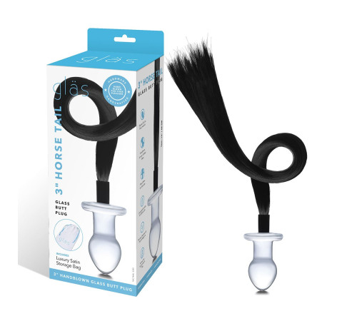 Стеклянная анальная пробка с черным конским хвостом