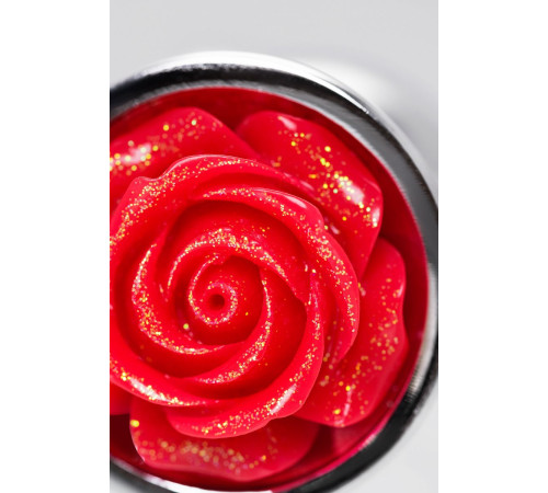 Серебристая анальная втулка с красной розочкой - 8 см.