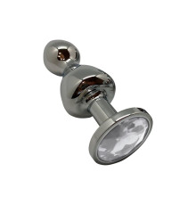 Серебристая анальная втулка Wooomy Lollypop L с прозрачным кристаллом - 10,5 см.