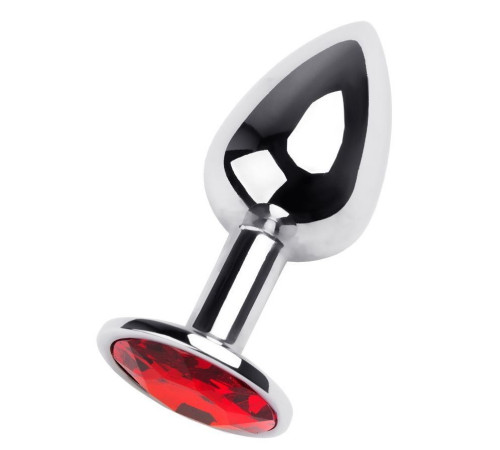 Маленькая коническая серебристая анальная пробка с красным кристаллом - 7 см.