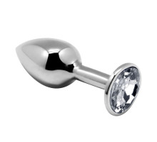 Серебристая анальная втулка с прозрачным кристаллом Mini Metal Butt Plug Size L - 9 см.
