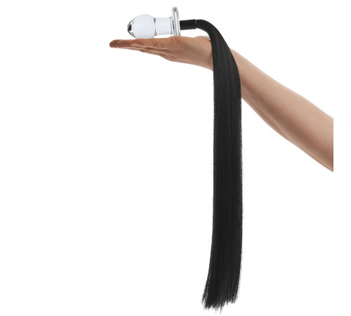 Стеклянная анальная пробка с черным конским хвостом