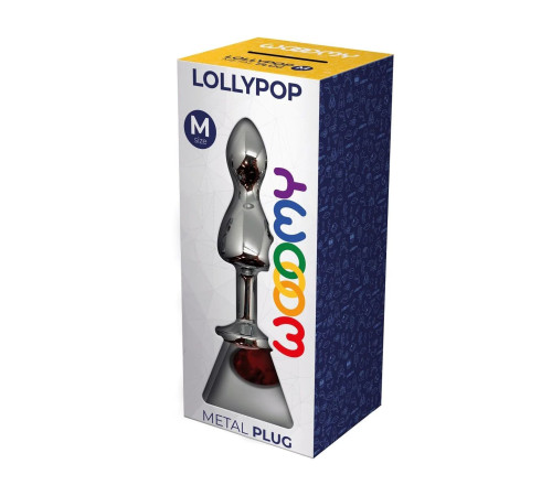 Серебристая анальная втулка Wooomy Lollypop M с красным кристаллом - 9,4 см.