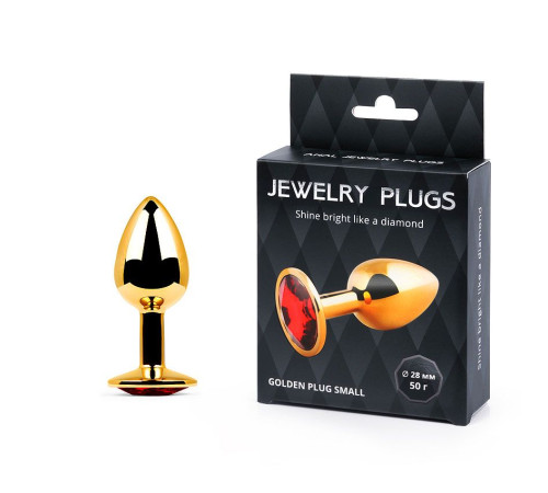 Золотистая анальная пробка с красным стразом - 7,2 см.