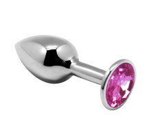 Серебристая анальная втулка с розовым кристаллом Mini Metal Butt Plug Size S - 7 см.