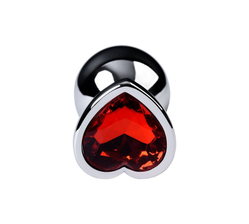 Серебристая коническая анальная пробка с красным кристаллом-сердечком - 7 см.