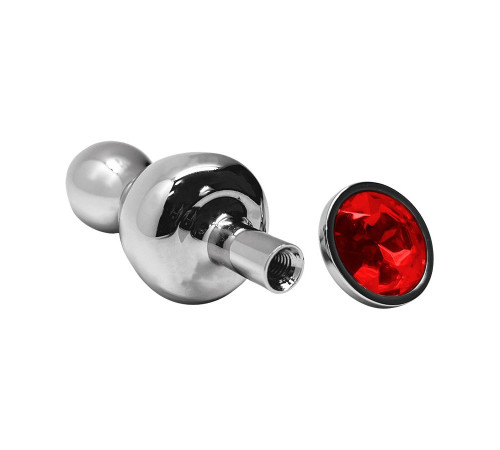 Серебристая анальная втулка Wooomy Lollypop M с красным кристаллом - 9,4 см.