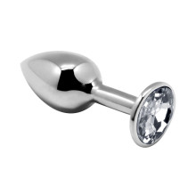 Серебристая анальная втулка с прозрачным кристаллом Mini Metal Butt Plug Size M - 8 см.