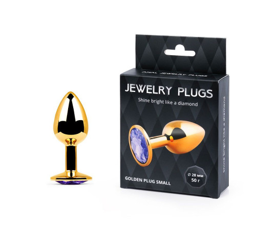Золотистая анальная пробка с фиолетовым стразом - 7,2 см.