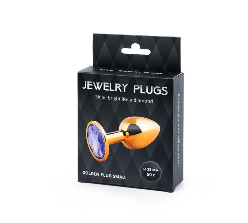 Золотистая анальная пробка с фиолетовым стразом - 7,2 см.