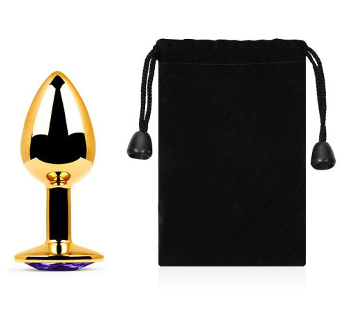 Золотистая анальная пробка с фиолетовым стразом - 7,2 см.