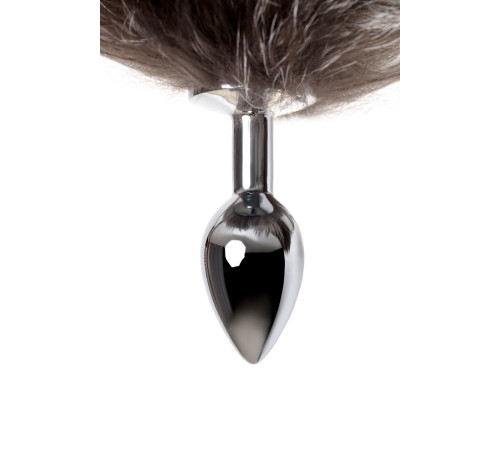 Серебристая металлическая анальная втулка с хвостом чернобурой лисы - размер S