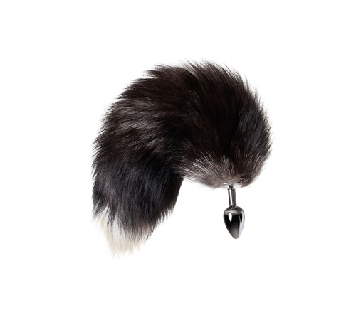 Серебристая металлическая анальная втулка с хвостом чернобурой лисы - размер S