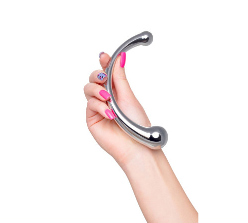 Серебристый двусторонний металлический дилдо - 21 см.