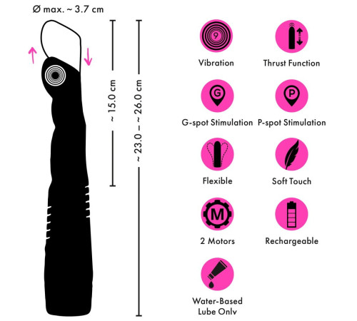 Черный вибратор с поступательными движениями G and P-Spot Thrusting Vibrator - 23 см.