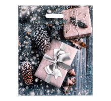 Новогодний пакет с принтом в виде подарков и вырубной ручкой (45х38 см)