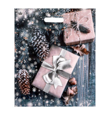 Новогодний пакет с принтом в виде подарков и вырубной ручкой (45х38 см)