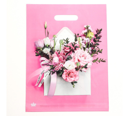 Розовый пакет с цветочным принтом и вырубной ручкой (40х31 см)