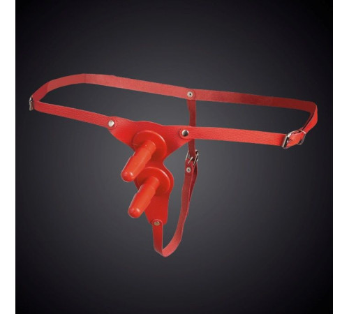 Красные кожаные универсальные трусики с двумя  штырьками для насадок