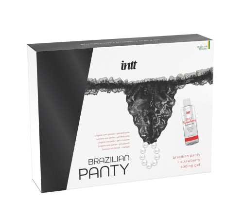 Набор Brazilian Panty: черные трусики со стимулирующими бусинами и массажный гель Sliding Gel Strawberry