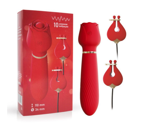 Красный вибромассажёр с зажимами для сосков - 16 см.