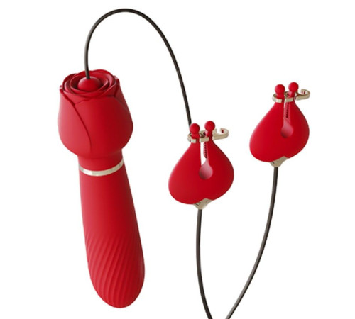 Красный вибромассажёр с зажимами для сосков - 16 см.
