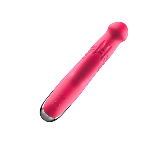 Розовый вибратор-ротатор со стимулятором клитора и возвратно-поступательными движениями - 22,4 см.
