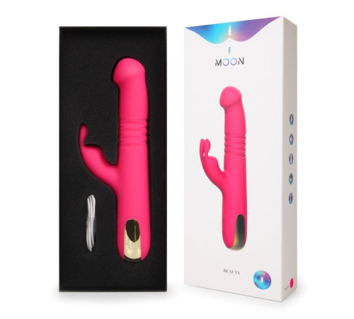 Розовый вибратор-ротатор со стимулятором клитора и возвратно-поступательными движениями - 22,4 см.